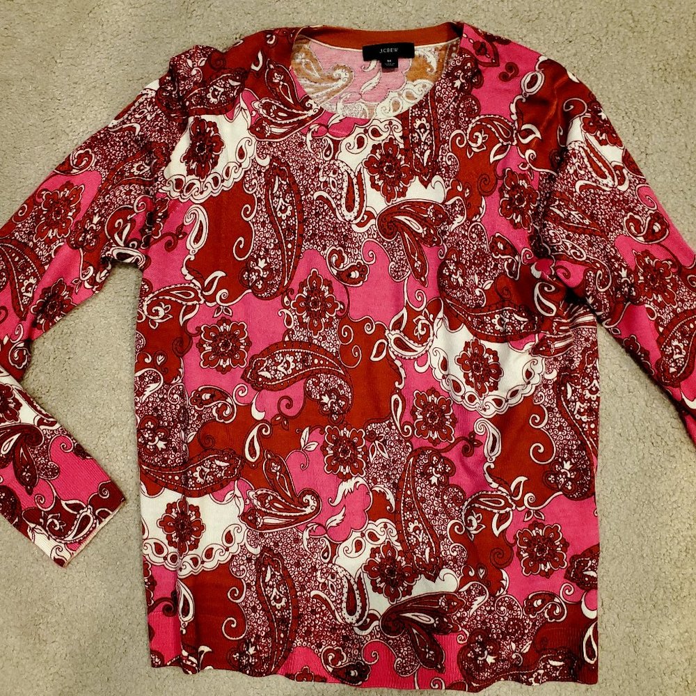 J Crew Red Pink Paisley Print Tippi Sweater M